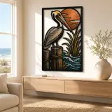 Pelican on Pier with Reeds and Ocean Sun Colorful Metal Wall Art