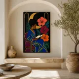 Black Woman Reading among Hibiscus and Moon Colorful Metal Wall Art