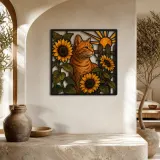 Orange Tabby Cat with Sunflowers by Barn Colorful Metal Wall Art