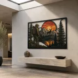 Hunter Watching Elk in Mountain Sunset Colorful Metal Wall Art
