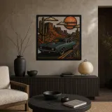 Classic Mustang Car on Desert Highway Colorful Metal Wall Art