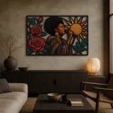 Afro Soul Singer with Roses and Radiant Sun Colorful Metal Wall Art