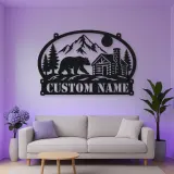 Personalized Bear Cabin Metal Wall Art with Mountain Scene