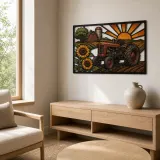Vintage Farm Tractor with Sunflowers at Sunrise Colorful Metal Wall Art