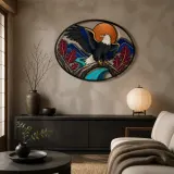 Bald Eagle on Oak Branch beneath Copper Moon Colorful Metal Wall Art