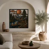 Rustic Log Cabin on Mountain Lake at Sunset Colorful Metal Wall Art