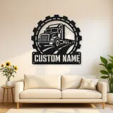 Personalized Semi Truck Metal Wall Art with Gear Frame