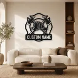 Personalized Firefighter Helmet Metal Wall Art with Crossed Axes - lifestyle view 5
