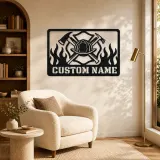 Personalized Firefighter Helmet Metal Wall Art with Flames - lifestyle view 5