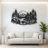 Lakeside Forest Cabin Metal Wall Art | Nature Silhouette Decor