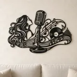 Arte mural de metal de melodía de micrófono | Decoración para sala de música