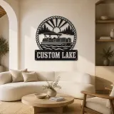 Cartel de metal personalizado de barco de pontón con lago montañoso