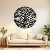 Tree and Mountain Circle Metal Wall Art | Botanical Metal Wall Decor