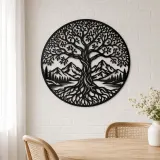 Tree and Mountain Circle Metal Wall Art | Botanical Metal Wall Decor - lifestyle view 4