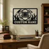 Personalized Firefighter Helmet Metal Wall Art with Flames - lifestyle view 4