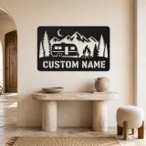 Personalized Travel Trailer Metal Wall Art with Campfire - lifestyle view 3