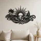 Sol Naciente sobre Olas Cartel de Metal | Decoración Boho Celestial