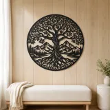 Tree and Mountain Circle Metal Wall Art | Botanical Metal Wall Decor - lifestyle view 5