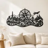Décoration murale en métal "Compass Mountain Flow" | Décor de silhouette nature