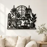 Arte mural de metal de jardín de plantas en ventana | Decoración mural botánica de metal