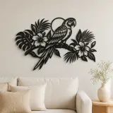 Arte mural de metal rama tropical de loro | Decoración de silueta de vida salvaje