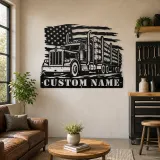 Personalized Logging Semi Truck Metal Wall Art with American Flag - lifestyle view 4