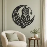 Cat on Moon Arc Metal Wall Art | Pet Lover Silhouette Decor - lifestyle view 2