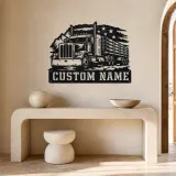 Personalized Logging Semi Truck Patriotic Mountain Metal Wall Art - lifestyle view 3