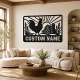 Décoration murale en métal personnalisée coq de ferme avec scène de grange