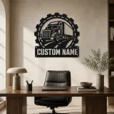 Personalized Semi Truck Metal Wall Art with Gear Frame - lifestyle view 3