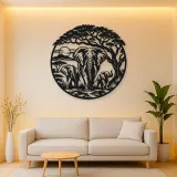 Elephant Tree Circle Metal Wall Art | Wildlife Silhouette Decor