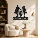 Personalized Helmet Holding Motorcycle Couple Metal Wall Art - lifestyle view 5