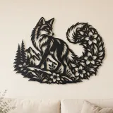 Arte mural de metal con cola floral de zorro | Decoración de siluetas de vida salvaje