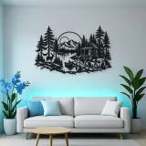 Lakeside Forest Cabin Metal Wall Art | Nature Silhouette Decor