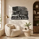 Personalized Logging Semi Truck Metal Wall Art with American Flag - lifestyle view 5