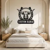 Personalized Longhorn Ranch Metal Wall Art with Horseshoe Frame - lifestyle view 2