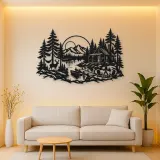 Lakeside Forest Cabin Metal Wall Art | Nature Silhouette Decor