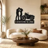 Personalisierte Metall-Wandkunst für Vintage-Motorradpaare mit Herz