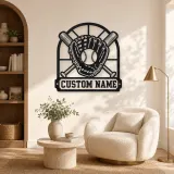 Personalized Baseball Glove Ball and Crossed Bats Metal Wall Art - lifestyle view 5