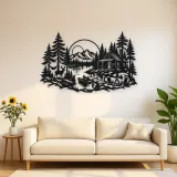Lakeside Forest Cabin Metal Wall Art | Nature Silhouette Decor