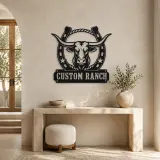 Personalized Longhorn Ranch Metal Wall Art with Horseshoe Frame - lifestyle view 3