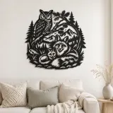 Arte mural de metal bosque de búho y zorro | Decoración de silueta de vida salvaje