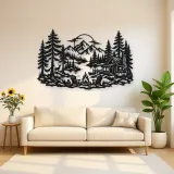 Campfire in the Pines Metal Wall Art | Nature Silhouette Decor