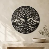 Tree and Mountain Circle Metal Wall Art | Botanical Metal Wall Decor - lifestyle view 3