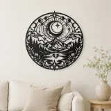 Cartel de metal personalizado de luna sobre montañas | Decoración boho celestial