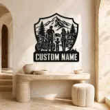 Personalized Family of Three Motorcycle Mountain Cabin Metal Wall Art - lifestyle view 3