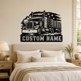 Personalized Logging Semi Truck Patriotic Mountain Metal Wall Art - lifestyle view 2