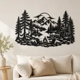 Cartel de metal Fogata entre los Pinos | Decoración de silueta de naturaleza