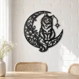 Cat on Moon Arc Metal Wall Art | Pet Lover Silhouette Decor - lifestyle view 4