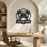 Personalized Firefighter Helmet Metal Wall Art with Crossed Axes - lifestyle view 4
